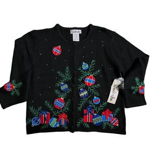 Timberlea Christmas Sweater Holiday Ornament Bulbs Beaded Embroidery 3D Medium